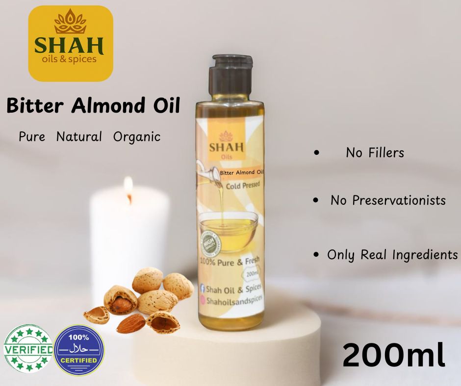 Shah Oils – Cold Pressed Bitter Almond Oil Available Sizes: 50 ml | 100 ml | 200 ml