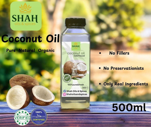 Coconut Oil – 100% Pure & Cold-Pressed – Hair, Skin & Cooking – Available in 500ml, 200ml, 100ml, 50ml